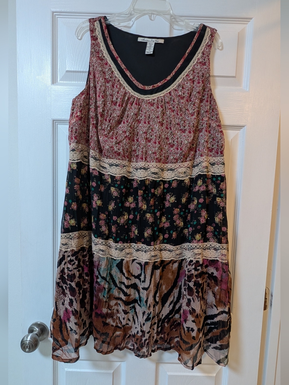 American Rag Boho Festival Dress - 2X - Mixed Floral & Lace Tiered Midi